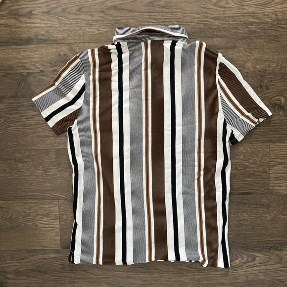 Express Men’s Vertical Stripe Polo Shirt Brown Black White Collared Short Sleeve - Picture 2 of 4